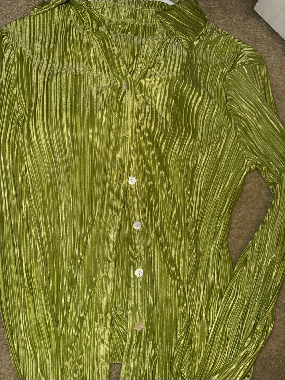 Amazon Women's Shiny Olive Green Pleated Button-Down Shirt